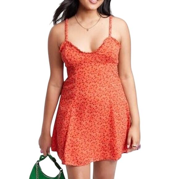 NWT Wild Fable Chiffon Vibrant Orange Floral Slip Mini Dress Size Medium - Picture 1 of 14